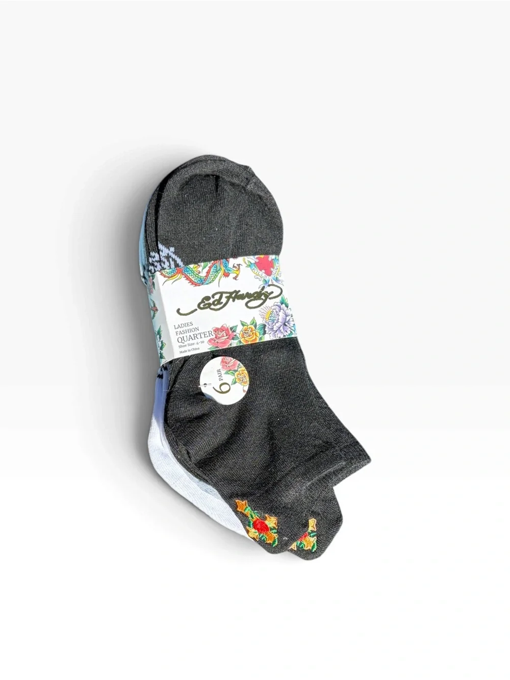 Ed Hardy Black White Gray Rose & Cross Floral Quarter Socks 6 Pack